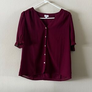 J. Crew Burgundy Puff Sleeve Button Up V Neck Blouse size S